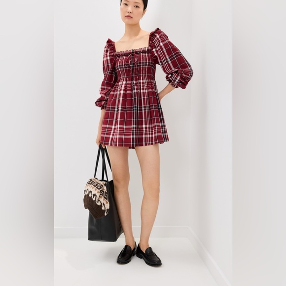 Hill House Dresses & Skirts - Hill House Scarlett Tartan Plaid Nap Dress Mini Puff Sleeve Size Large
